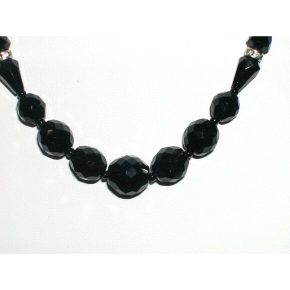 Vintage GLASS Black Faceted Bead Necklace With Silver-Tone Accents & Spring Ring - Picture 2 of 3